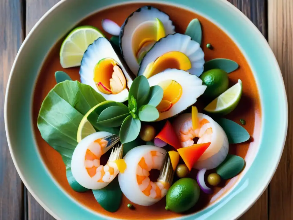 Fotografía de alimentos peruanos: Detalle de ceviche tradicional en plato de cerámica sobre mesa rústica con textiles andinos