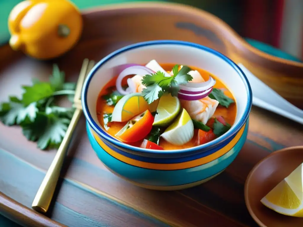 Fotografía de alimentos peruanos: Detalle colorido de ceviche tradicional con pescado fresco, cebolla roja, cilantro y rocoto en bowl de cerámica