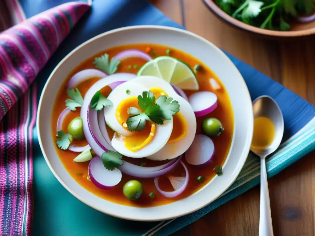 Fotografía de alimentos peruanos: Detallado ceviche peruano en plato de cerámica sobre mesa rústica con textil colorido de fondo