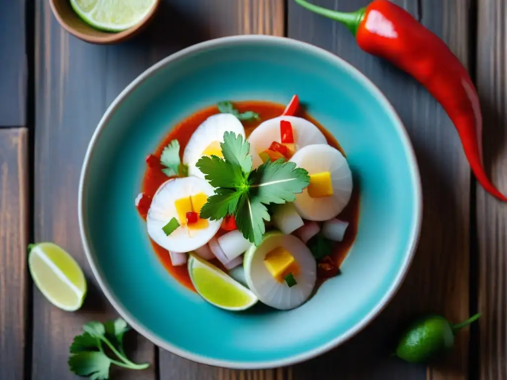 Fotografía de alimentos peruanos: Ceviche tradicional en plato colorido con limón, cilantro y ají rojo, sobre mesa de madera rústica