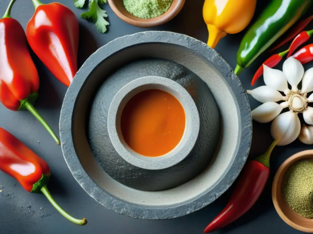 El alma de las recetas de salsas peruanas auténticas: molcajete y tejolote con ingredientes vibrantes