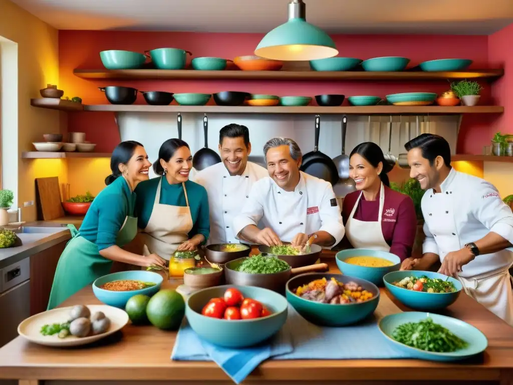 Almuerzos con chefs Lima: Renombrados chefs peruanos comparten risas y pasión culinaria alrededor de una mesa colorida en una cocina acogedora