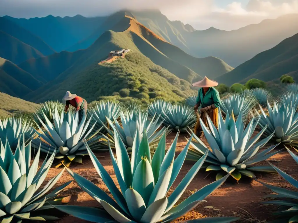 Un amanecer mágico en los Andes: agricultores cosechando plantas de agave para extraer pulque, una de las bebidas ancestrales del Perú