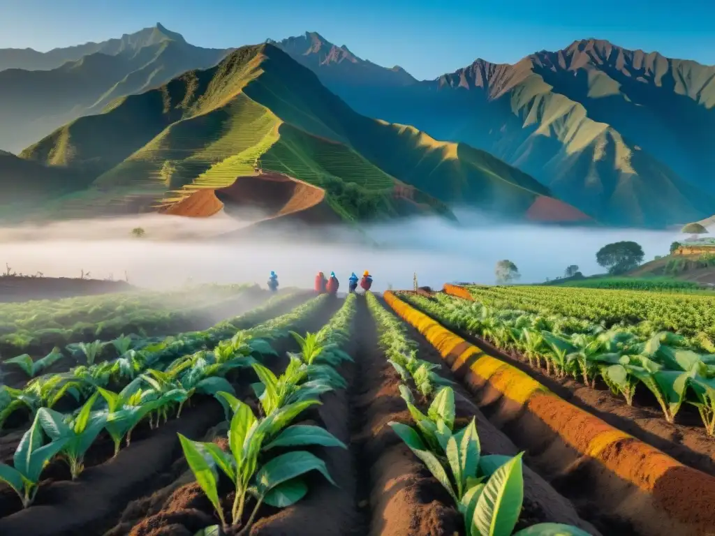 Un amanecer mágico en una vibrante plantación de cúrcuma peruana, con montañas andinas de fondo