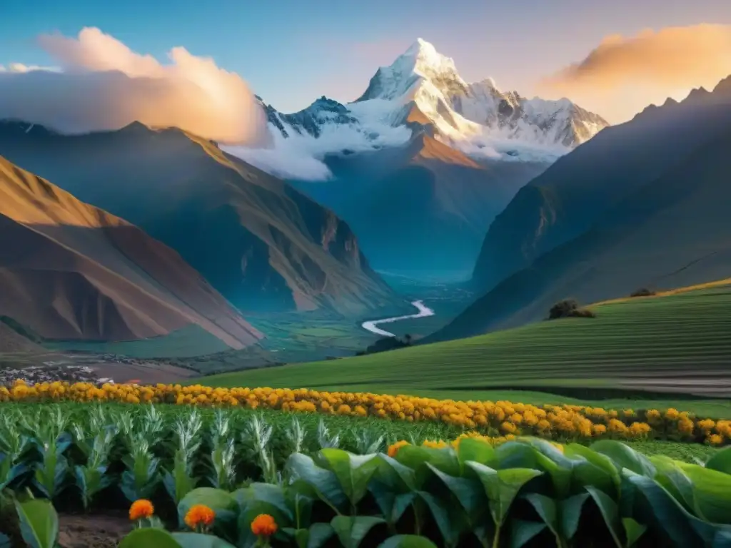 Esplendor andino: amanecer en los Andes con cañihua florecida Un amanecer en los Andes: montañas nevadas y un campo de cañihua en flor