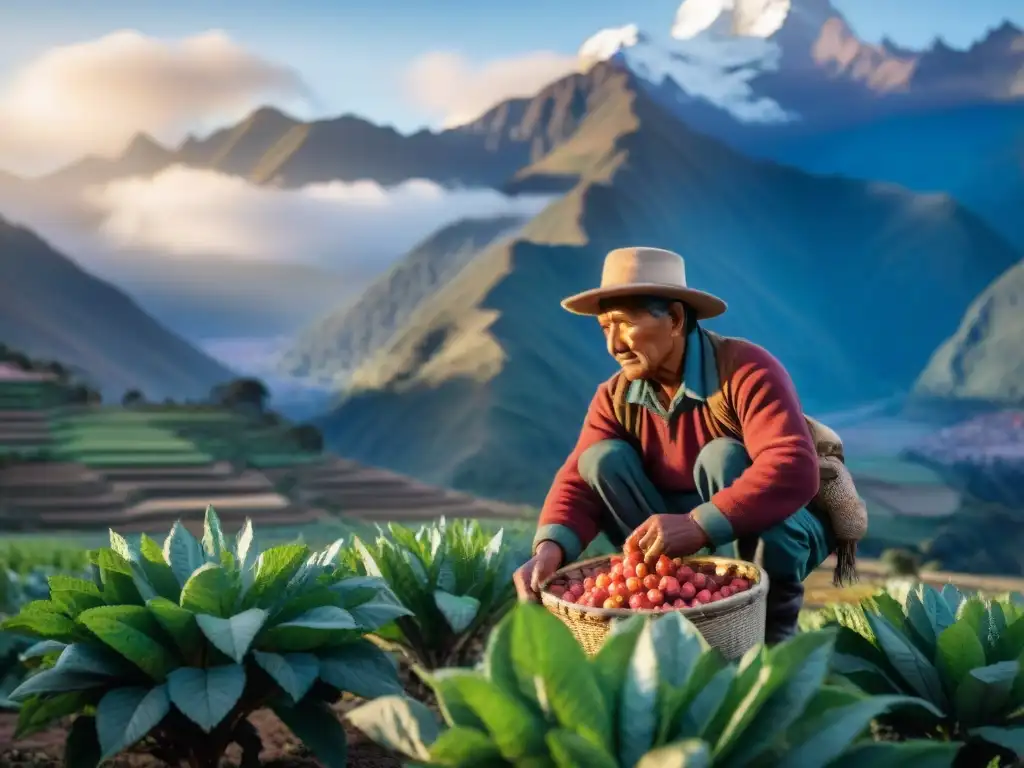 Un amanecer sereno en los Andes: un agricultor cosechando aguaymanto con los beneficios del aguaymanto en desayunos