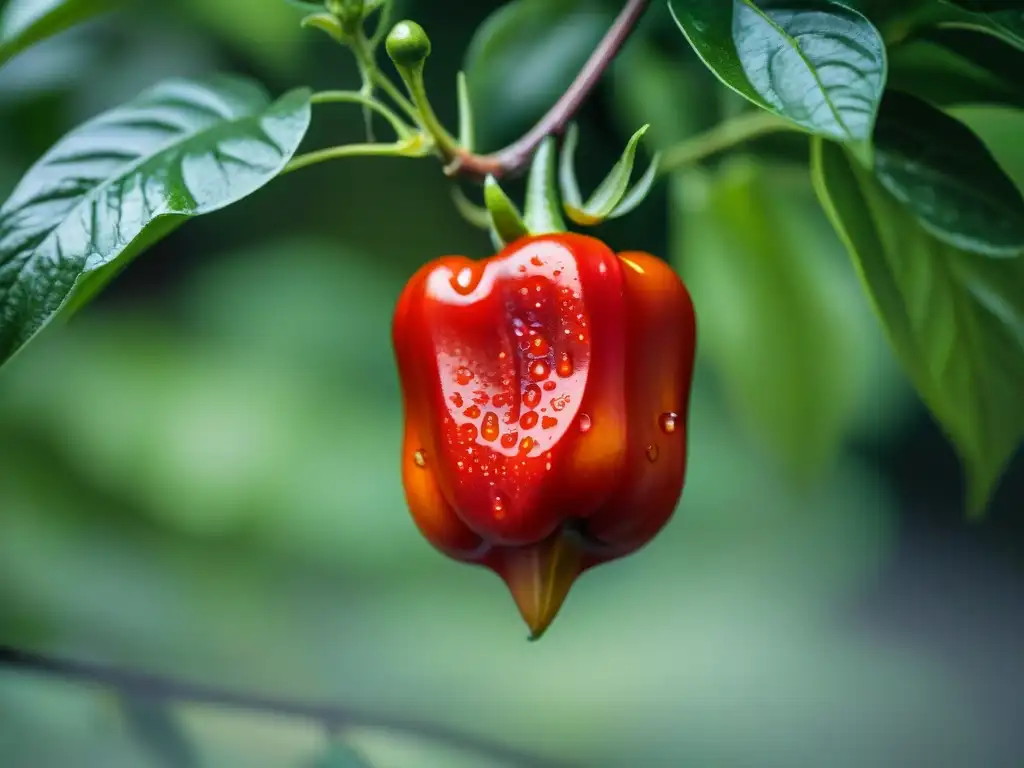 Comparación ají amarillo rocoto: Detalles vibrantes de una planta de rocoto rojo, con gotas de agua brillando en su superficie