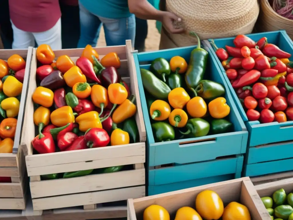 Comparación de ají amarillo y rocoto en un mercado peruano bullicioso, con vendedores y clientes entre colores y tradiciones culinarias