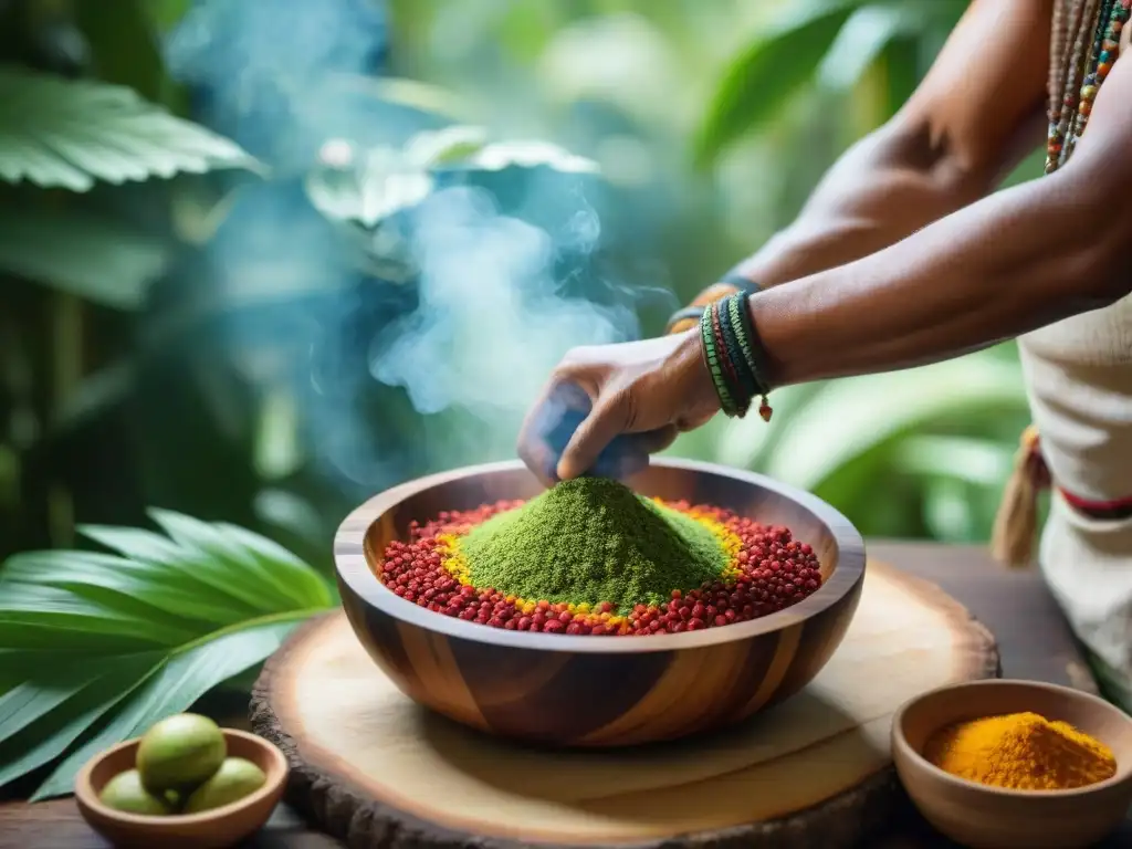 Un chamán amazónico preparando aderezos secretos con ingredientes naturales en la selva