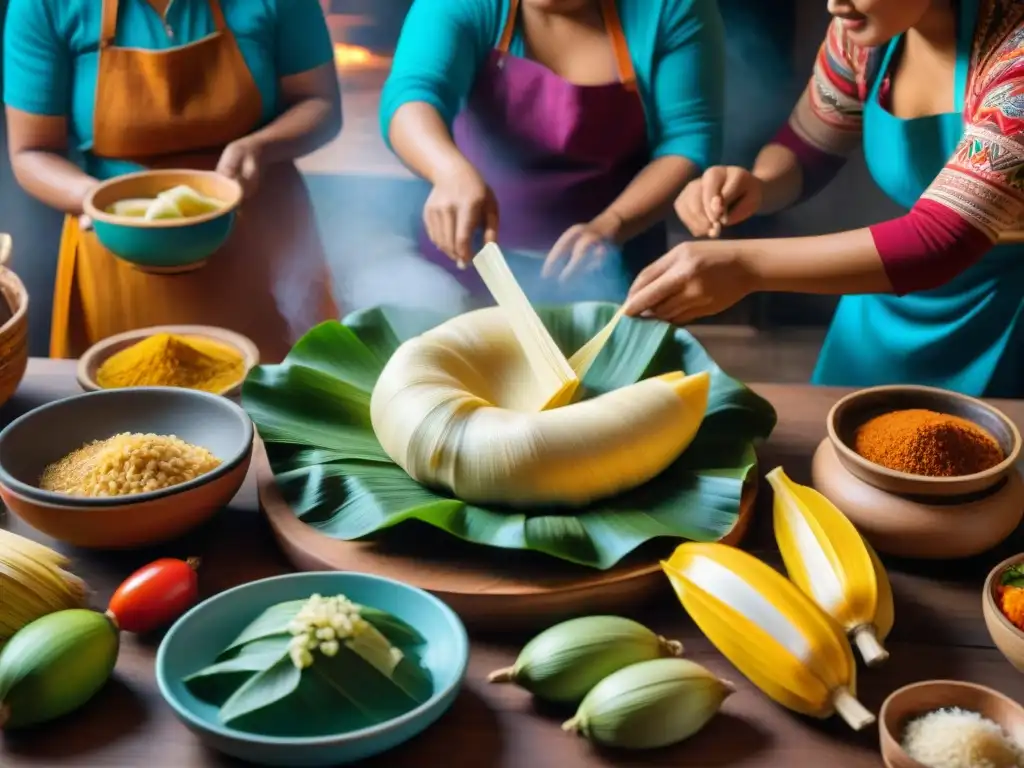 Un ambiente acogedor de cocina peruana tradicional donde mujeres preparan tamales, mostrando la historia tamal peruano tradicional