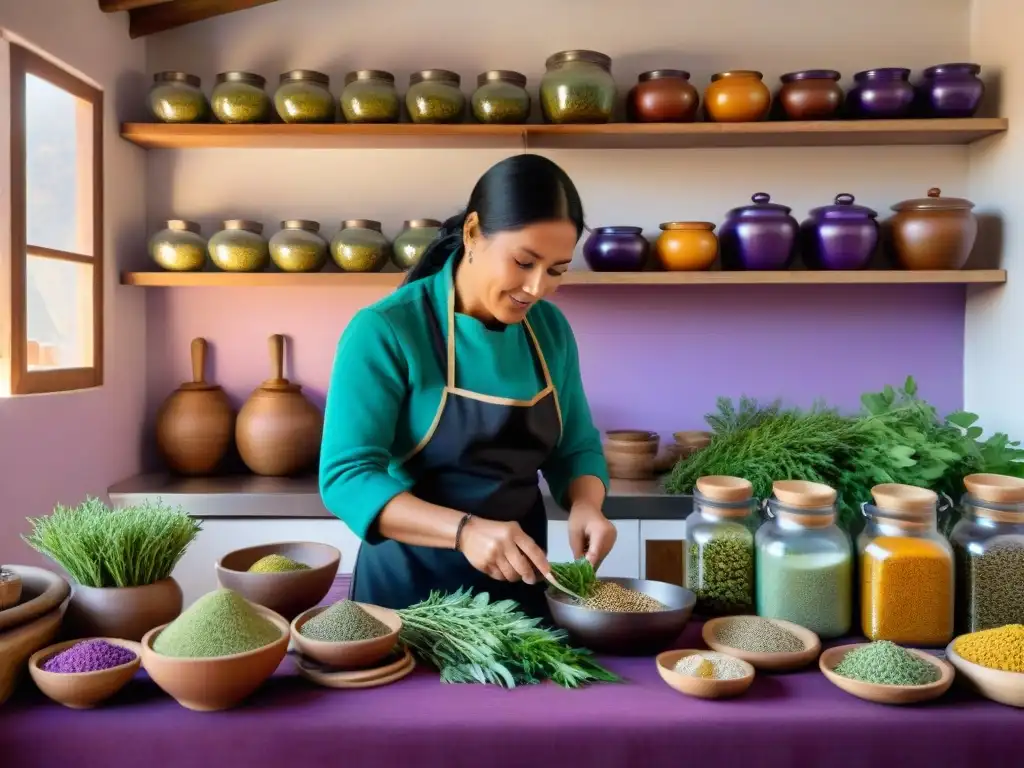 Un ambiente andino tradicional con hierbas y ingredientes ordenados en estantes de madera