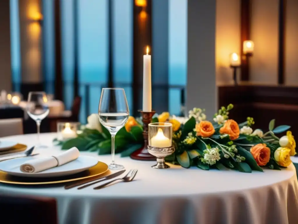 Ambiente cálido de mesa elegante en restaurante exclusivo en Lima, con vajilla fina y flores frescas bajo luz de velas