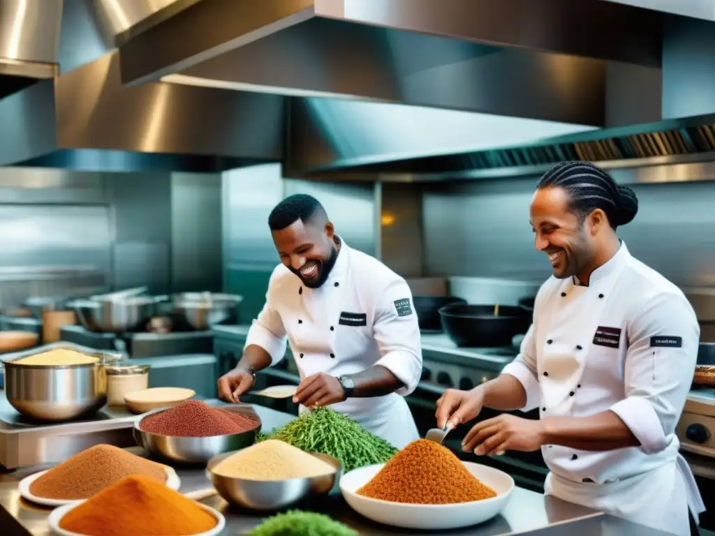 Un ambiente de cocina animado en un restaurante, chefs africanos y peruanos en armonía, fusionando sabores