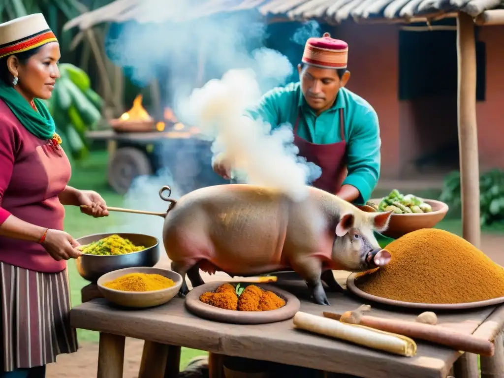 Un ambiente festivo en una cocina peruana tradicional al aire libre, preparando Lechón Peruano en Casa