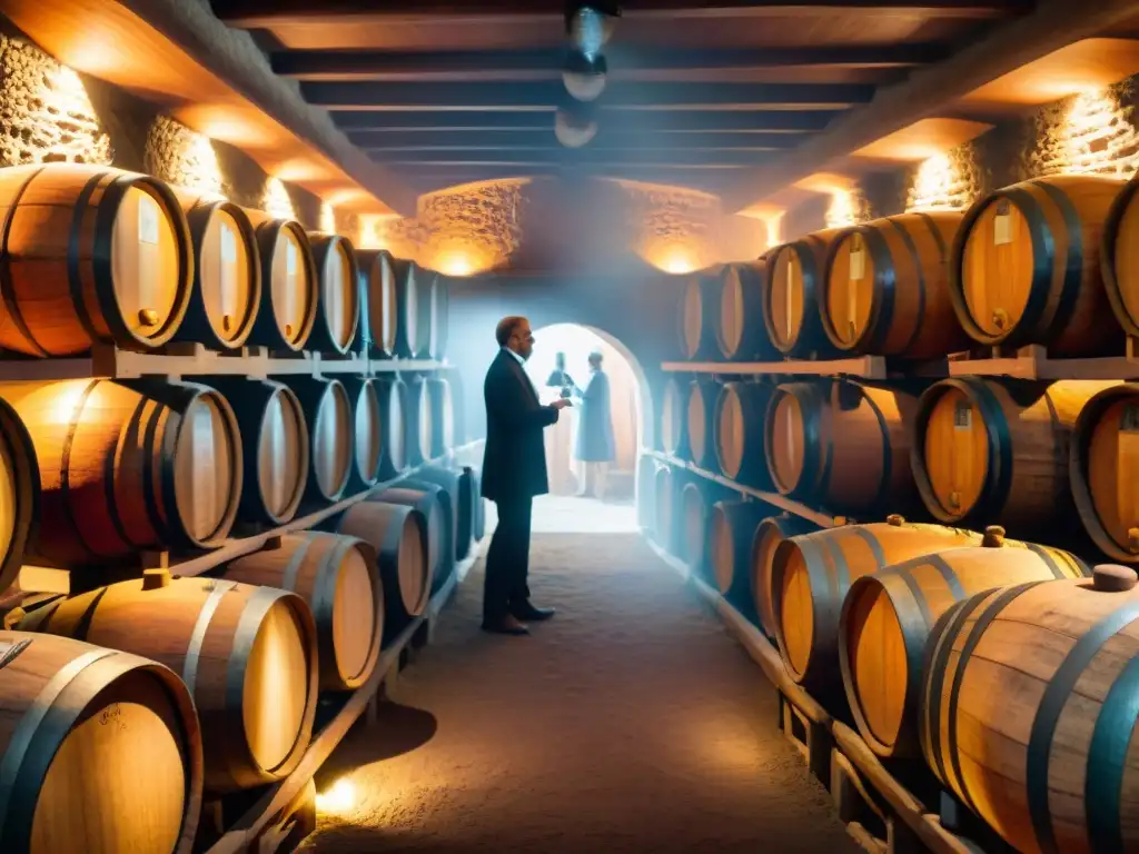 Un ambiente histórico y artesanal en la bodega peruana, con piscos y vinos envejeciendo meticulosamente