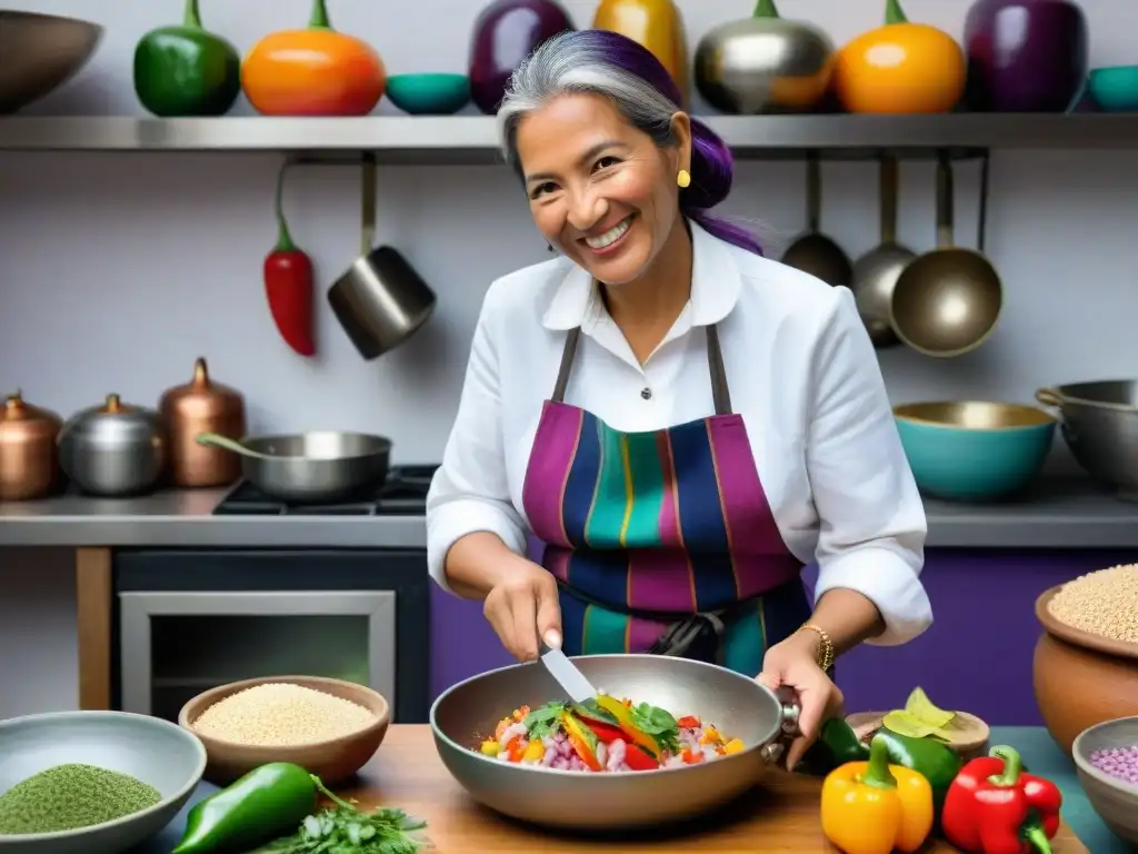 Un ambiente vibrante y auténtico de una clase de cocina peruana exclusiva, con una chef demostrando cómo preparar ceviche