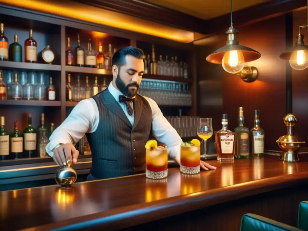 El ambiente vibrante de un bar vintage en San Francisco durante la Fiebre del Oro, donde se prepara con precisión el Pisco Punch