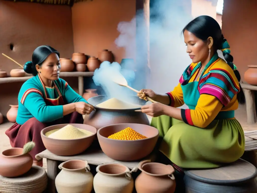 Preparación ancestral de la bebida chicha de jora por mujeres indígenas en entorno tradicional peruano