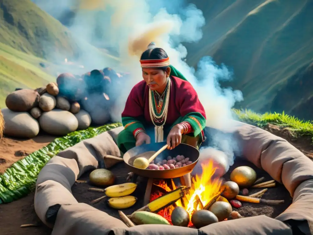 Preparación Pachamanca cocina autóctona: Cocina ancestral peruana, pit con piedras calientes y cocineros indígenas en vestimenta tradicional