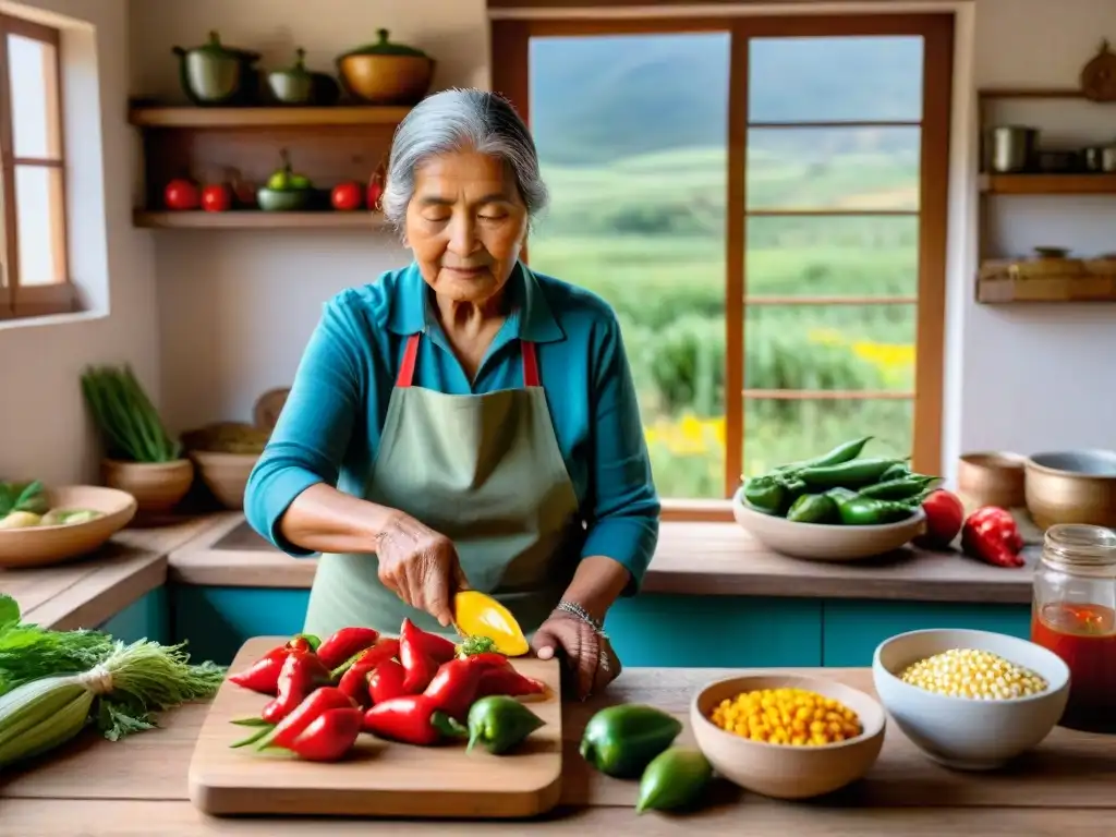 Una anciana ecuatoriana cortando aji rojo en una cocina andina con ingredientes tradicionales