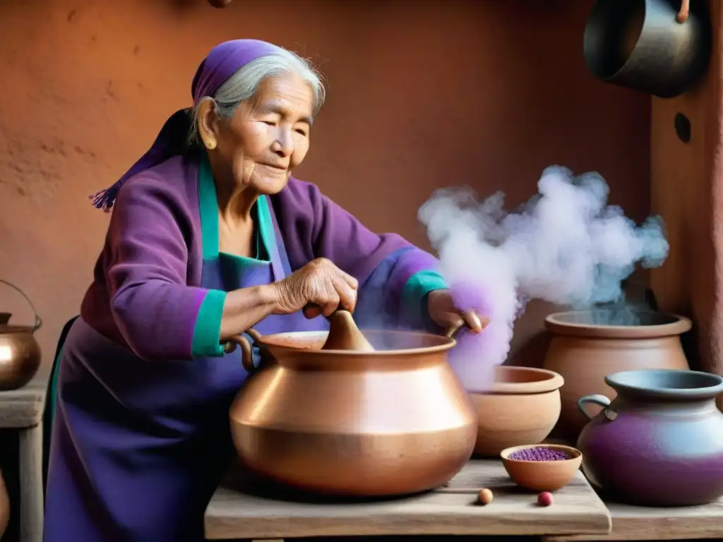 Una anciana experta removiendo mazamorra morada en una cocina andina, destila tradición y maestría culinaria