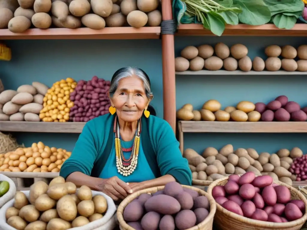 Una anciana indígena en un mercado peruano, mostrando papas coloridas