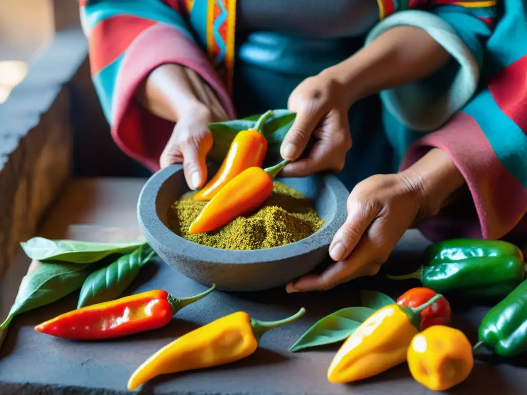 Una anciana mujer Quechua muele aji amarillo y huacatay en molcajete, resaltando la cocina peruana con ingredientes autóctonos