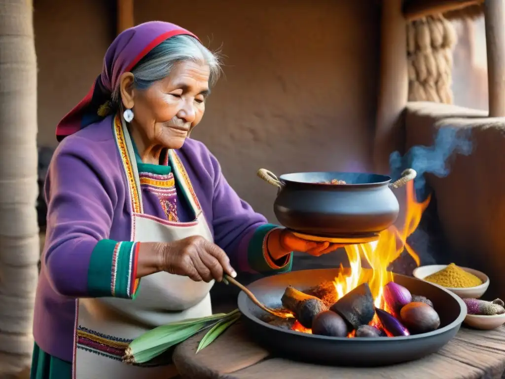 Una anciana peruana prepara adobo en una cocina rústica, platos peruanos influenciados por la guerra