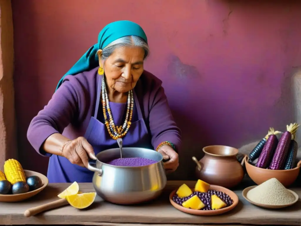 Una anciana peruana prepara chicha morada en una cocina rústica, mostrando la tradición y el arte culinario