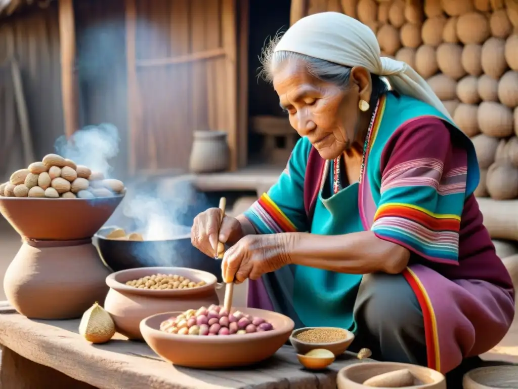 Una anciana peruana experta preparando chicha de maní con un metate de piedra al atardecer, en una cocina rústica