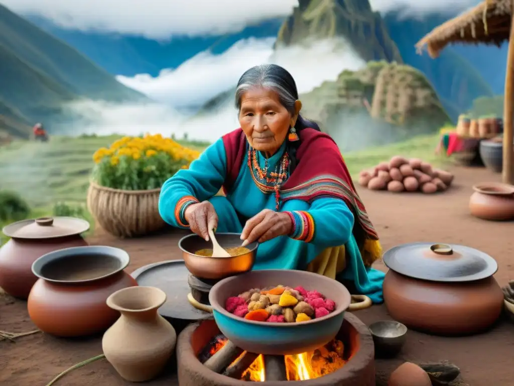 Una anciana peruana preparando un guiso andino sobre fogón, rodeada de textiles y ingredientes locales