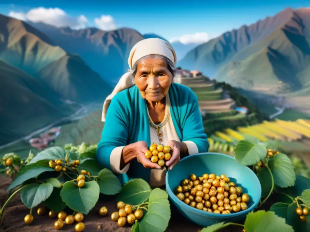 Una anciana peruana selecciona gold berries maduros en los Andes