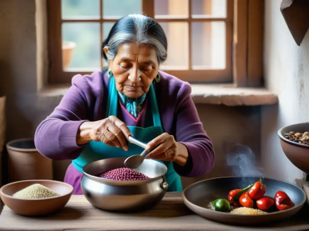 Una anciana peruana preparando platos peruanos influenciados por la guerra en una cocina rústica con ingredientes vibrantes