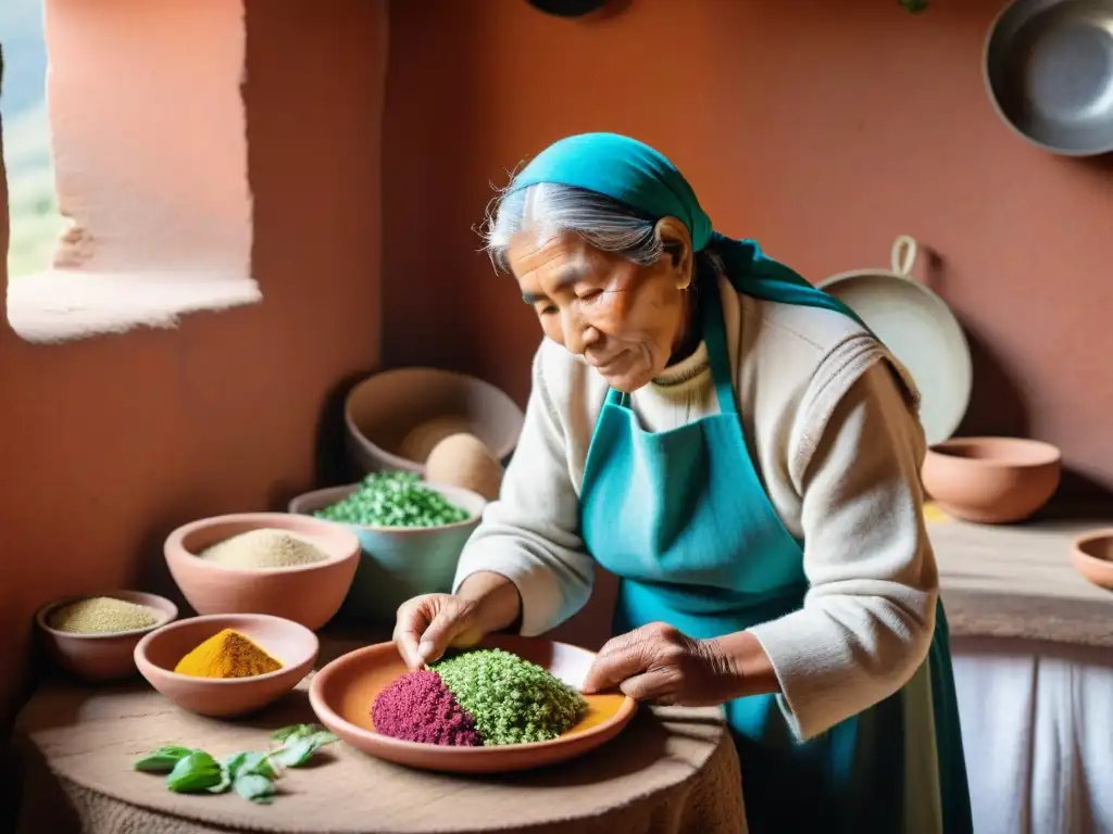 Abuela peruana preparando quinua y alpaca en cocina andina Una anciana peruana prepara quinua, espinacas y carne de alpaca en una cocina rústica