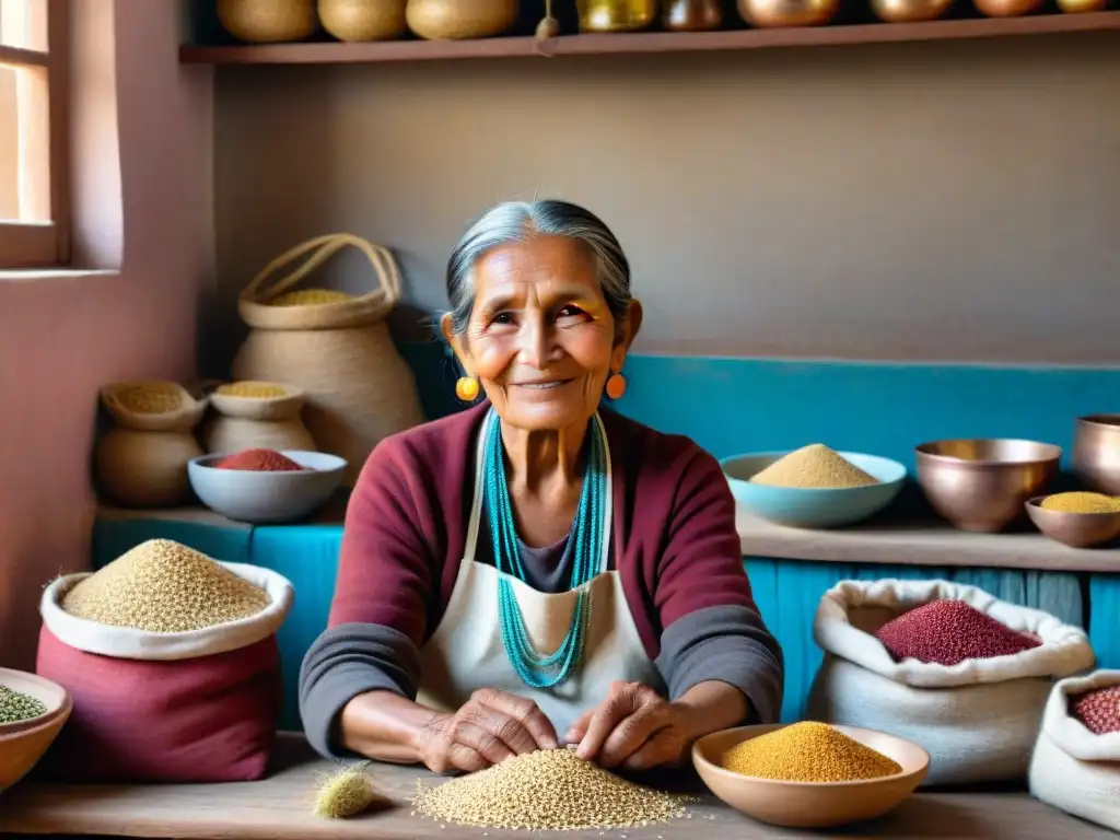 Una anciana peruana sonríe mientras muele supergranos andinos en una cocina soleada