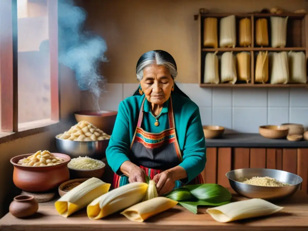 Una anciana peruana prepara tamales tradicionales en una cocina andina llena de textiles coloridos