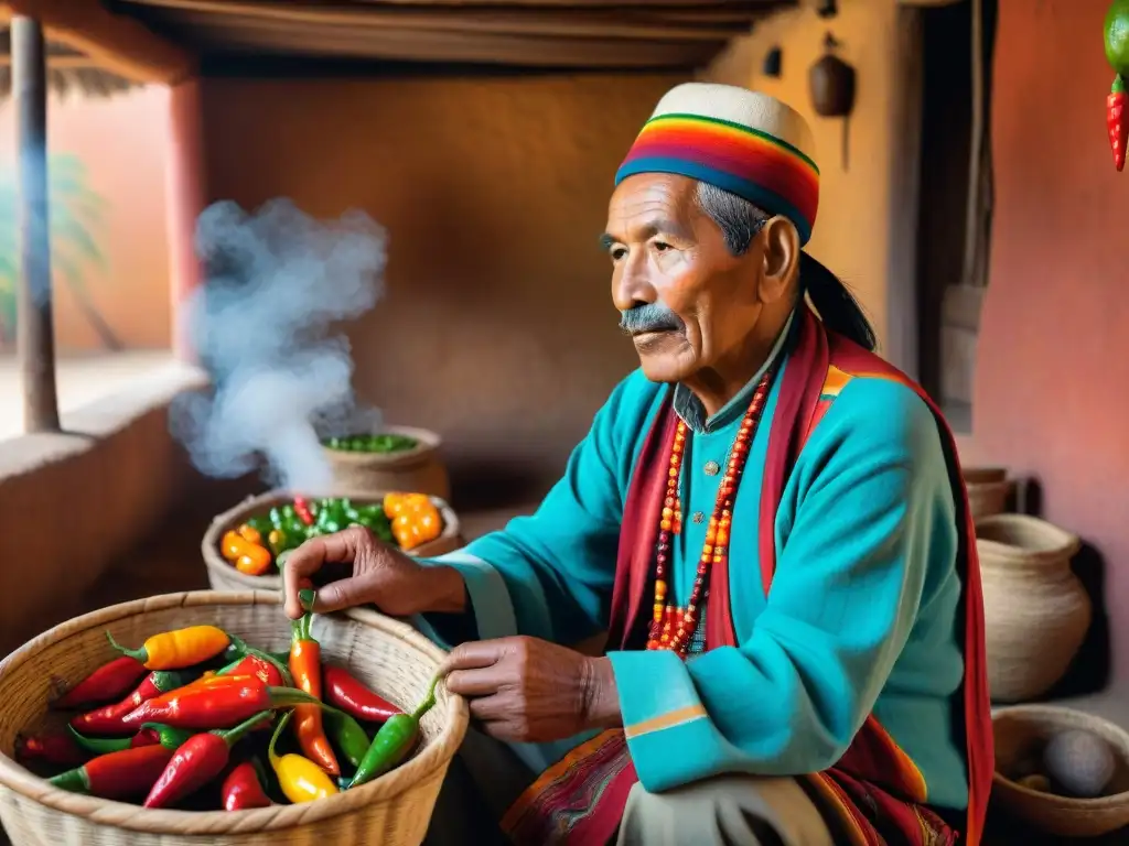 Un anciano curandero peruano preparando una poción medicinal con ajíes, resaltando las propiedades medicinales del Ají peruano