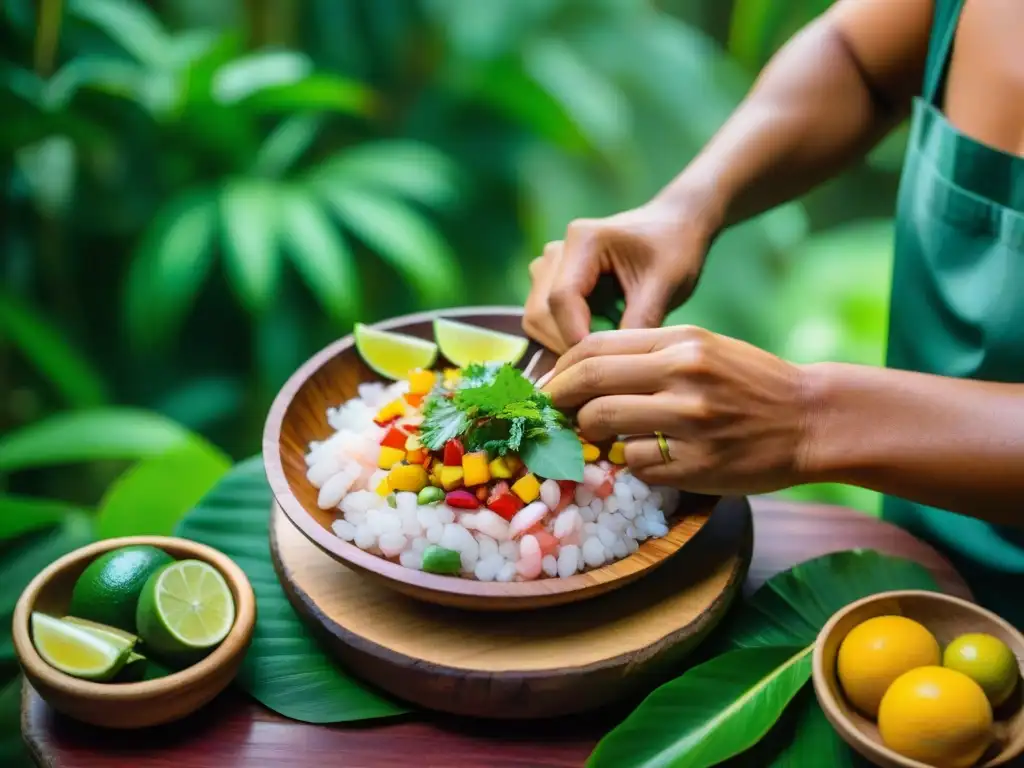 Un anciano indígena amazónico prepara ceviche rodeado de exuberante naturaleza