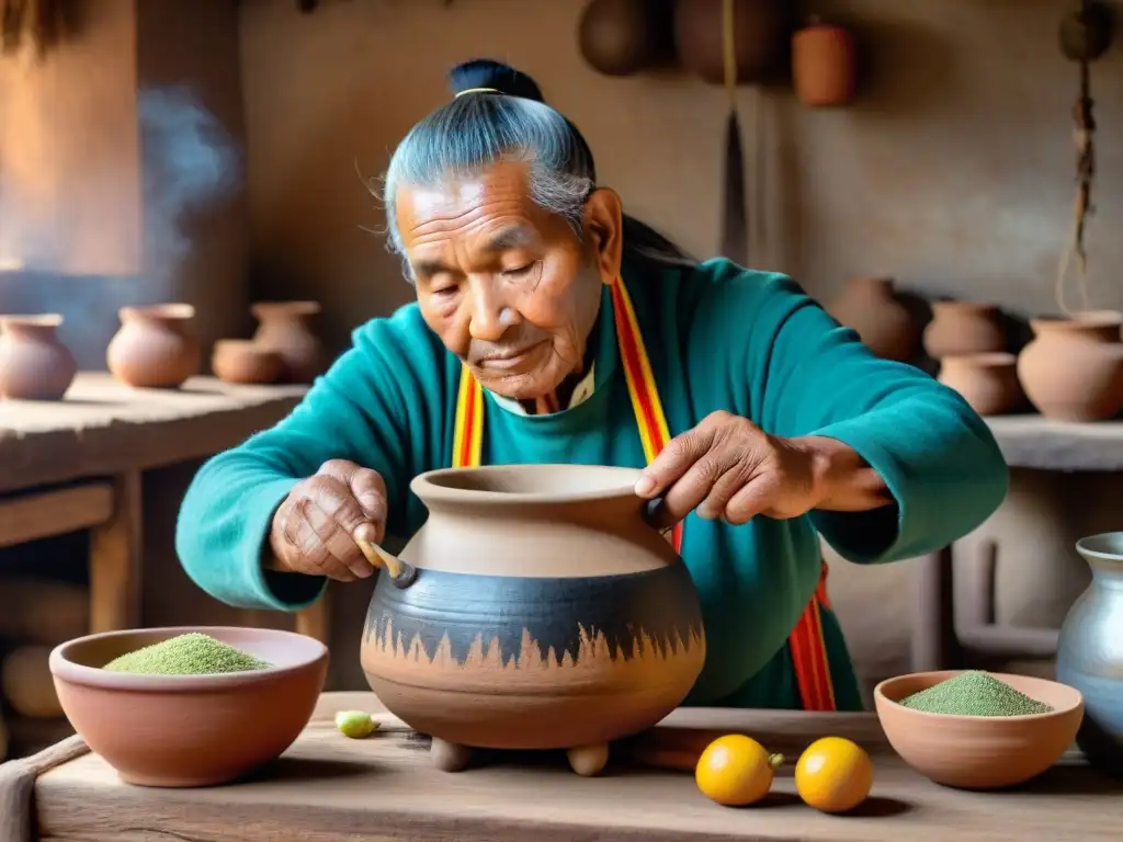 Un anciano indígena peruano preparando Saúco en una cocina rústica, transmitiendo sabiduría ancestral