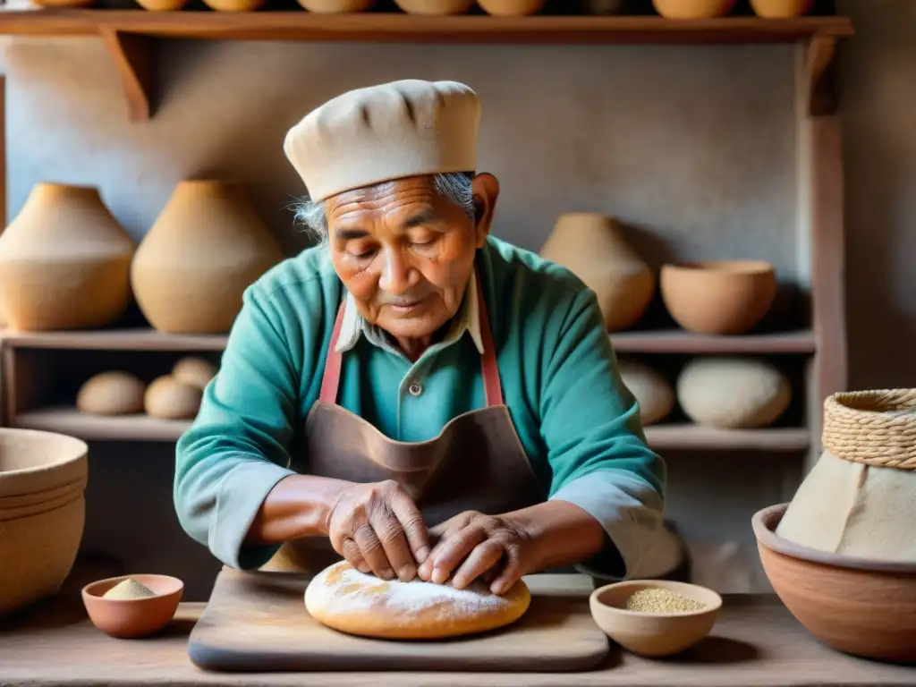 Maestro panadero peruano moldeando pan de chancay ancestral Un anciano panadero peruano moldeando con destreza un pan de chancay en una cocina rústica, evocando la herencia cultural