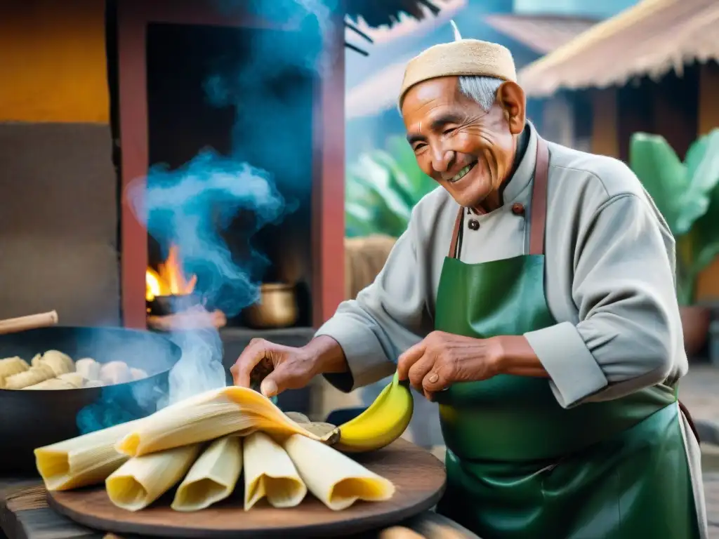 Un anciano peruano, experto en tamales, cocina con cariño en una cocina rústica al aire libre