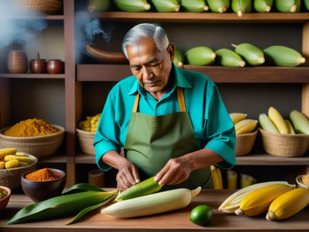 Un anciano peruano experto en tamales, preparando sus tradicionales platillos con destreza en un ambiente acogedor