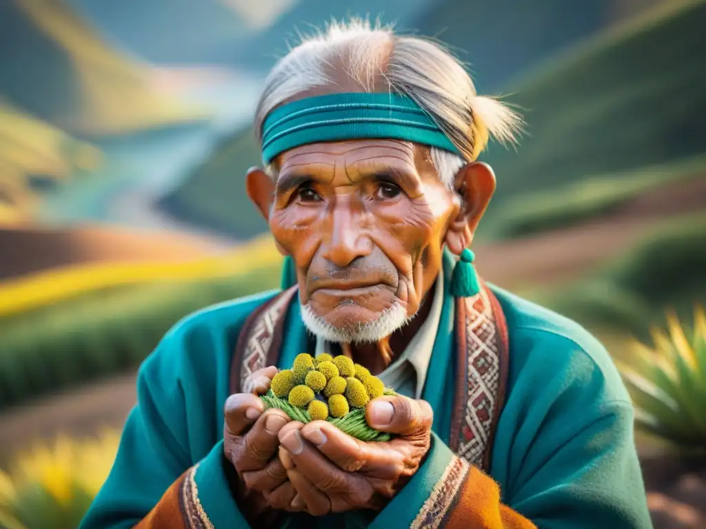 Un anciano peruano sostiene kiwicha en paisaje andino, reflejando sabiduría y salud