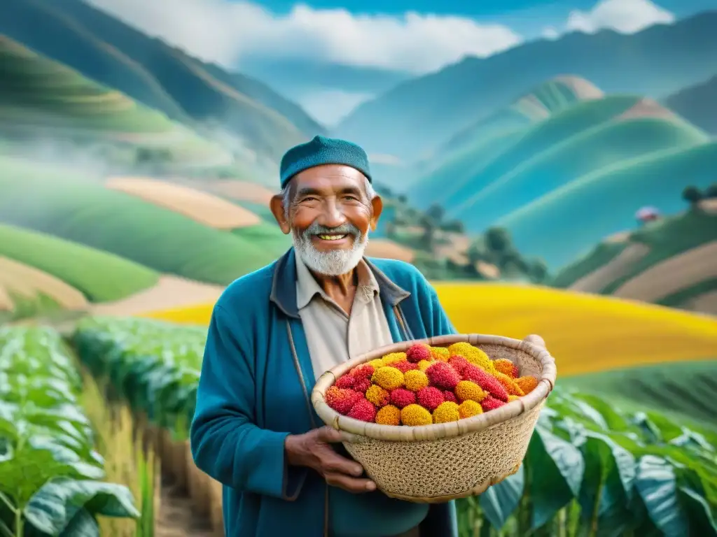 Un anciano peruano sonriente cosecha cancha serrana en un campo verde, mostrando la abundancia de este superalimento