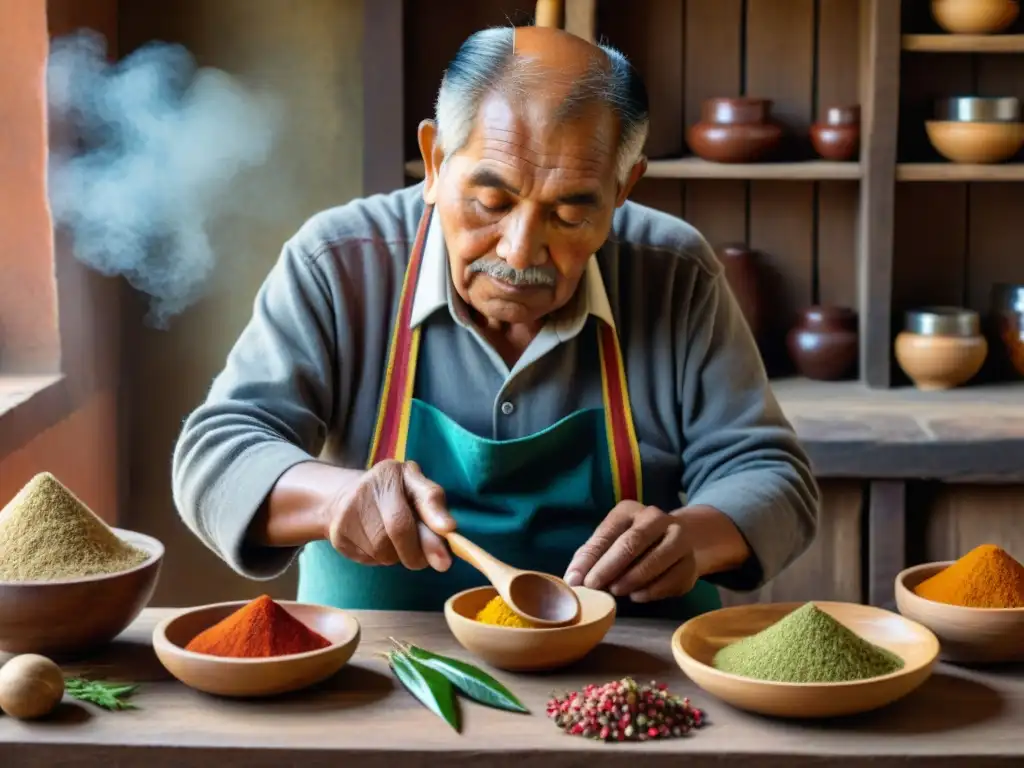 Un anciano peruano talla una cuchara de palo en una cocina rústica con especias y hierbas, destacando la artesanía y tradición de la cocina peruana