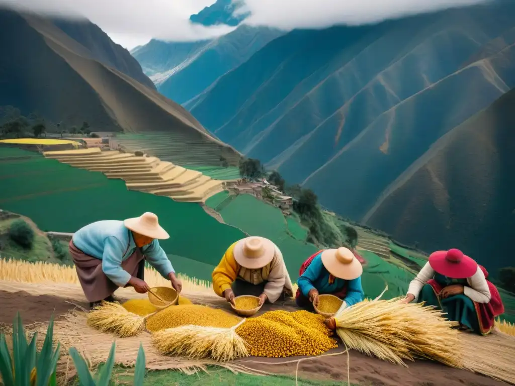 Ancianos peruanos cosechando cancha serrana en los Andes, resaltando su conexión con la naturaleza