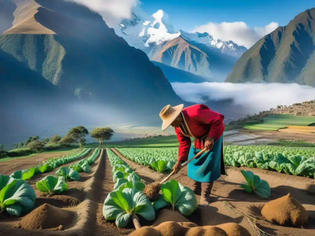 Andenes andinos: agricultores cosechando la maca con respeto ancestral y los majestuosos picos nevados al fondo