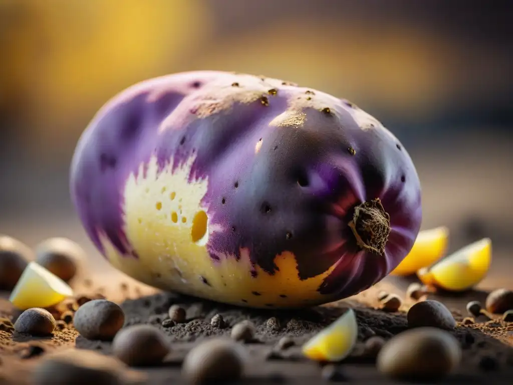 Papa andina con vibrantes colores púrpura y amarillo, texturas y restos de tierra, evocando su autenticidad y riqueza agrícola