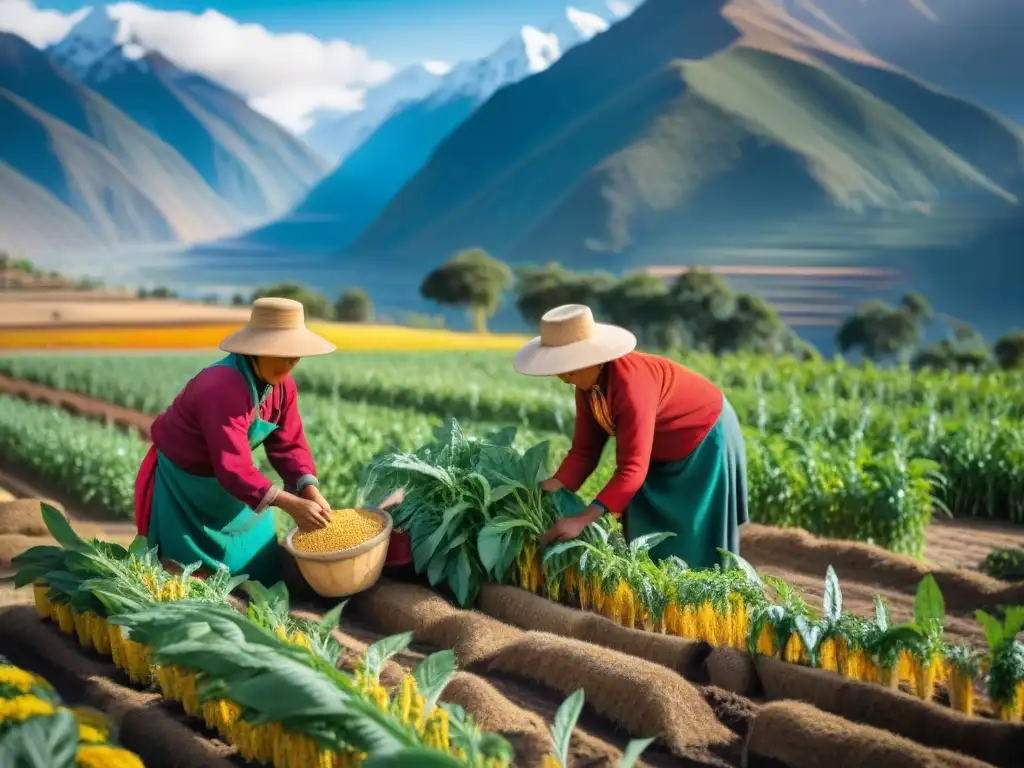 Andinos recolectando quinua bajo el sol entre montañas nevadas, reflejando la tradición y los beneficios saludables de la quinua