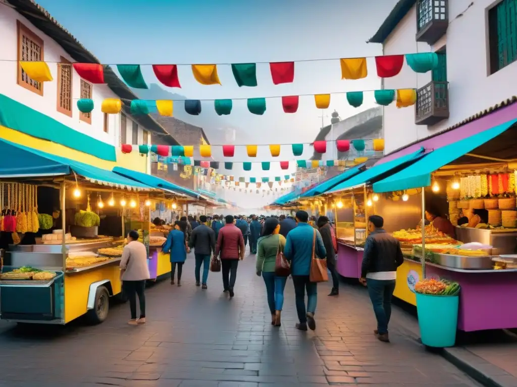 Una animada calle de Lima, Perú, llena de puestos de comida callejera peruana tradicional, rodeada de locales y turistas